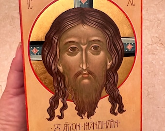 Christ The Savior. Hand Painted Icon in Byzantine Style, Natural Pigments in Tempera on Gessoed  Board, gilded halo.