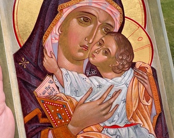 Theotokos Tenderness.  Mother of God. Hand Painted Icon , Tempera, Wooden Gesso Panel, and 24K gold