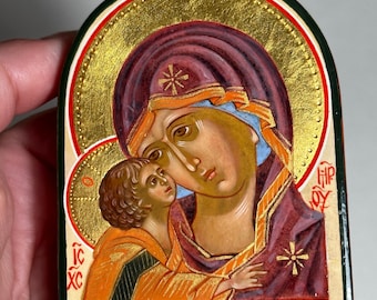 Theotokos Tenderness   Hand Painted Icon in Traditional Style, Natural Pigments in Tempera on Wooden  Board,  24K gold