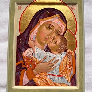 Theotokos Tenderness.  Mother of God. Hand Painted Icon , Tempera, Wooden Gesso Panel, and 24K gold