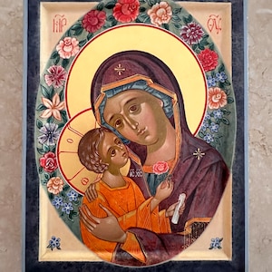 Theotokos Tenderness.  Mother of God. Hand Painted Icon , Tempera, Wooden Gesso Panel, and 24K gold