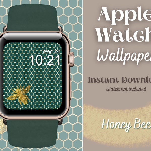 Honey Bee Honeycomb Apple Watch Wallpaper, Green and Gold Bee Instant Download Smart Watch Background, Apple Watch Face Wallpaper