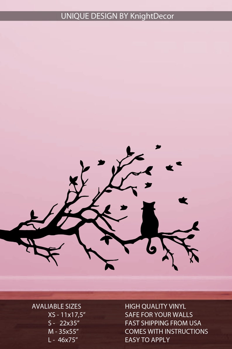 Cat On Tree Branch Wall Decal Silhouette Decor Sticker Flying Bird Graphics Art