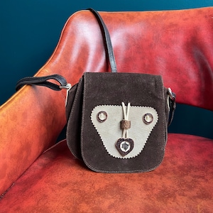 Vintage Trachten Bag Dirndl Handbag 90s Shoulder Bag Womens Strapped Trachten Bag Brown Suede Bag Brown Leather Bag Dirndl Purse