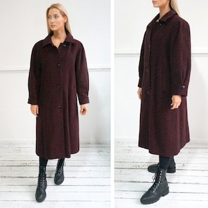 Vintage 90s Wool Coat Womens Houndstooth Coat Womens Maxi Coat Red Long Coat Wool Plaid Coat Lama Wool Coat Bordo Coat Red Wool Coat L XL