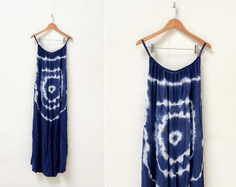 Vintage blauwe tie-dye jumpsuit: zomerse indigo romper, wijde pijpen (l)