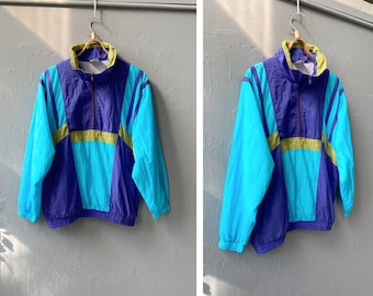 Vintage 90s Colorblock Anorak: Purple & Blue Pullover Windbreaker (Mens M)