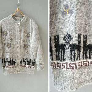 Vintage 90s Wool Cardigan Gray Wool Cardigan L Patterned Wool Jacket Gray Sweater Lama Cardigan Cute Jacket Womens Wool Floral Cardigan L