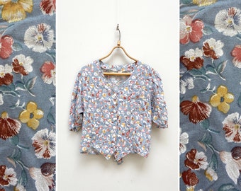 Vintage 90s Floral Top Pastel Blouse L Womens Pastel Blouse Floral Print Summer Top Pastel Shirt Floral Cropped Top Women Summer Top Large