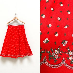Vintage 90s Red Floral Skirt Red Floral Circle Skirt Flower Print Skirt Ditsy Skirt Romantic Circle Skirt Floral Flat Skirt M Bohemian Skirt