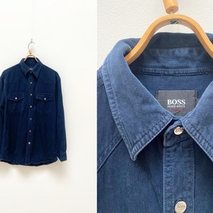 Vintage 90s Hugo Boss Shirt Mens Blue Button Down Blue Long Sleeve Shirt Blue Hugo Boss Shirt Soft Fabric Shirt Navy Blue Mens Shirt M L