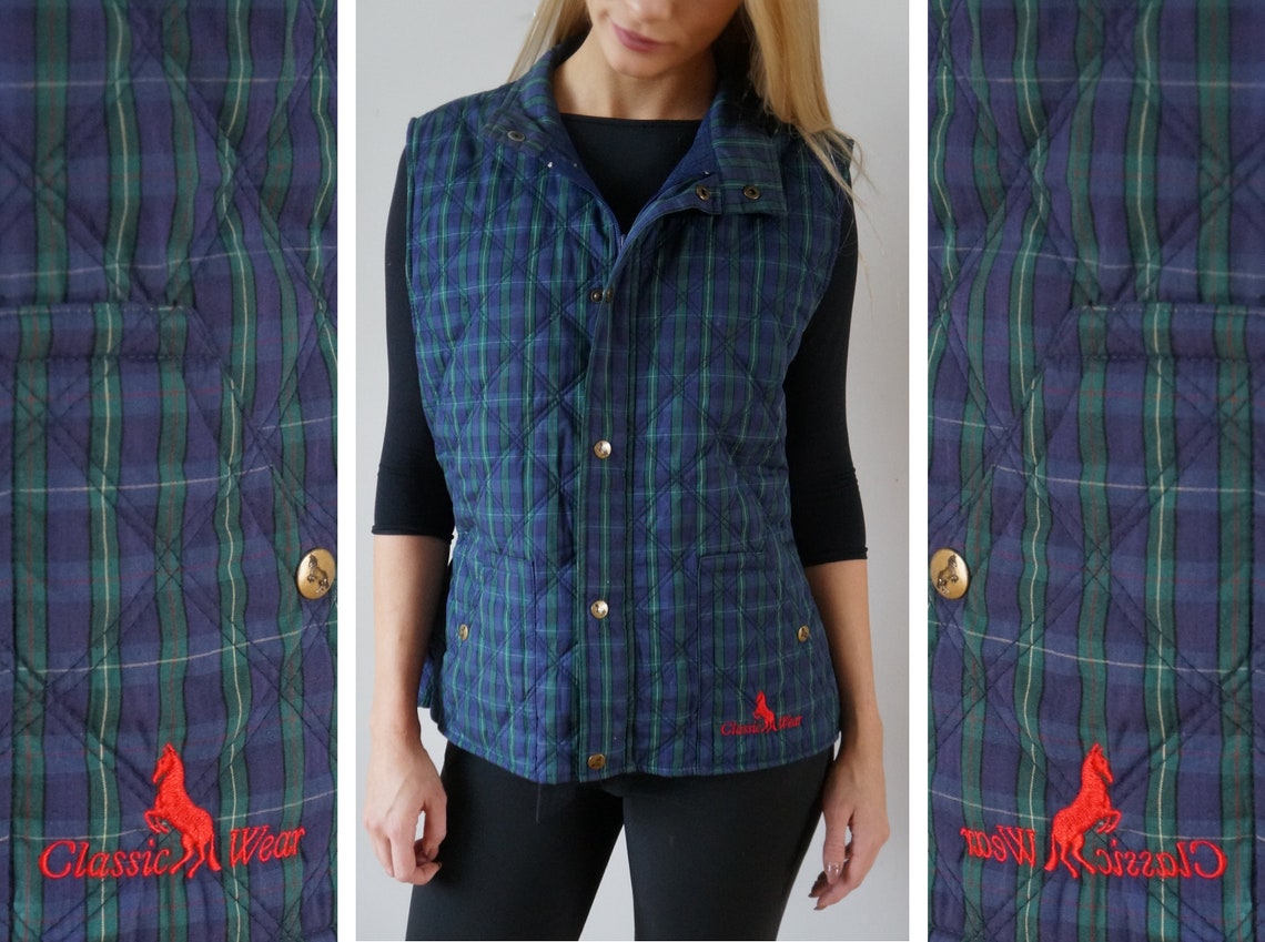 Vintage Quilted Vest Womens L Chekered Vest Blue Green Striped Etsy