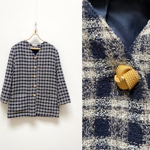 Vintage 90s Wool Blazer Coat Blue Check Blazer Blue Plaid Blazer Women Autumn Blazer Smart Casual Blazer Oversize Wool Blazer Women Blazer L