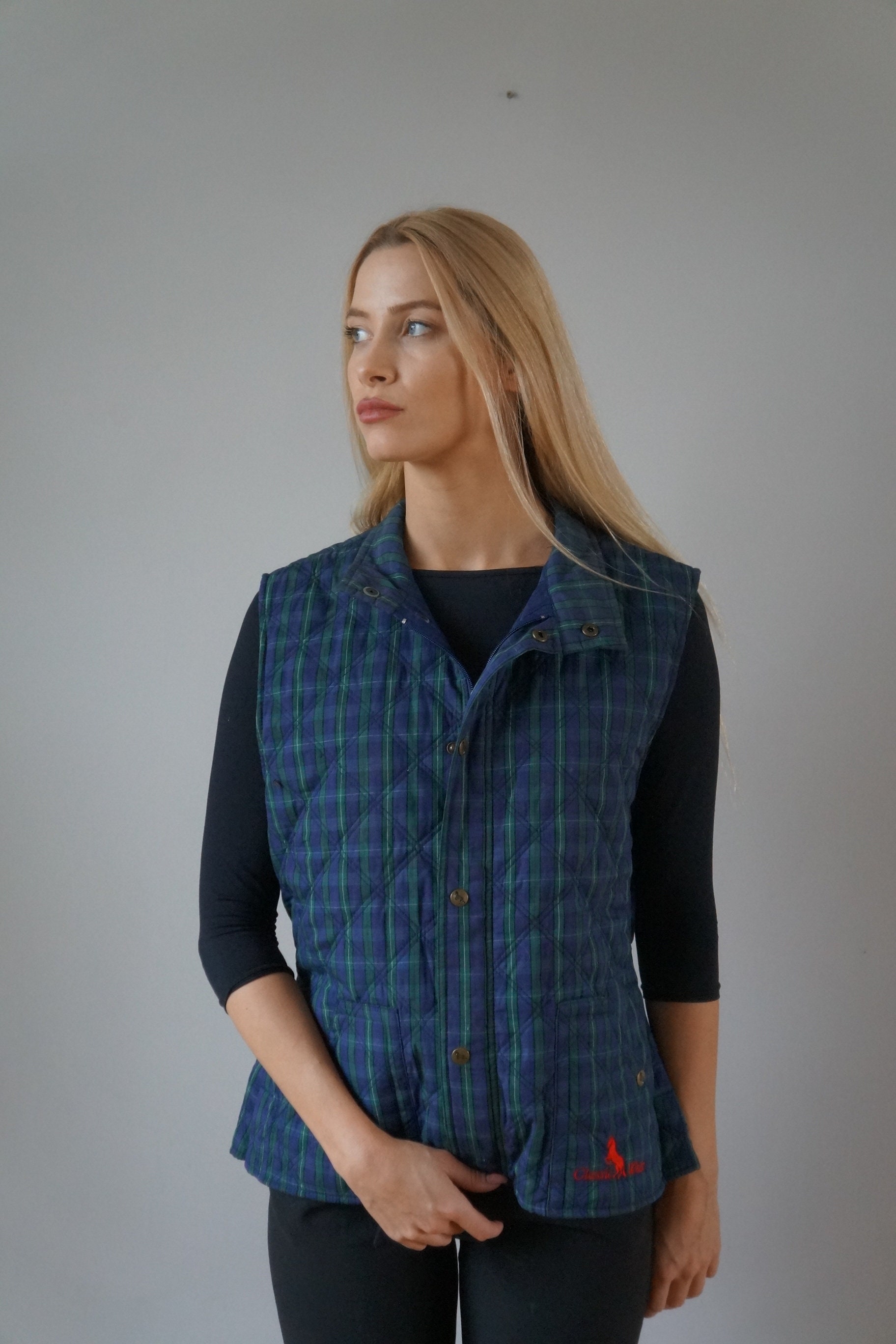 Vintage Quilted Vest Womens L Chekered Vest Blue Green Striped Etsy