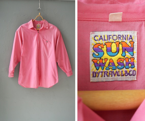 Vintage 90s Pink Cotton Blouse with Shoulder Pads - Size M