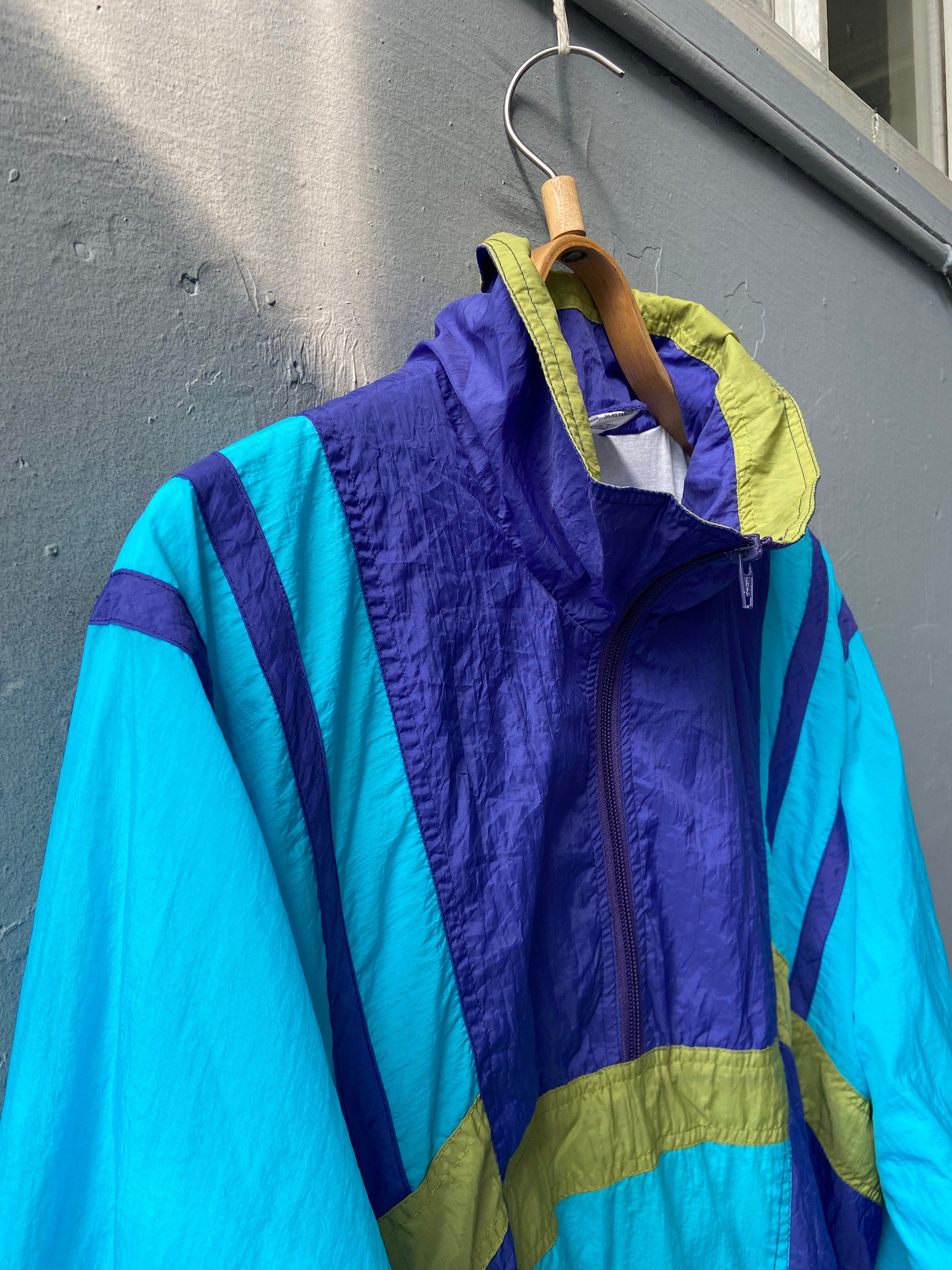 Vintage 90s Colorblock Anorak: Purple & Blue Pullover Windbreaker (mens ...