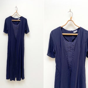 Vintage 90s Blue Floral Dress M Women Vest Dress Women Summer Dress Dark Blue Floral Dress Cottage Dress Blue Maxi Dress Navy Blue Dress M