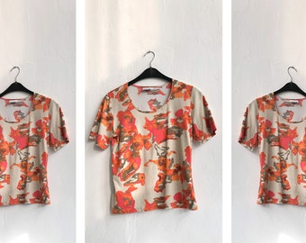 Vintage 90s Abstract Blouse: Orange Beige Pink Short Sleeve Top, Size M