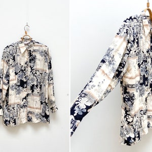 Vintage 90s Rayon Shirt Floral Long Blouse Large Patterned Viscose Shirt Floral Button Up Blouse Abstract Rayon Blouse Rose Print Shirt M L