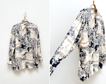 Vintage 90s Floral Rayon Blouse: Abstract Rose Print Shirt (M/L)