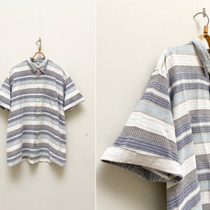 Vintage 90s Striped Shirt Men Pastel Striped Button Down Shirt Men&#39;s Size XL Blue Short Sleeved Shirt Patterned Shirt Blue Cotton Summer Top
