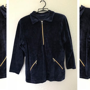 Vintage Velour Sweater Womens Blue Sweater Medium Size Jumper Dark Blue Sportswear Velour Hoodie Blue Vintage Pullover M Size Sweater