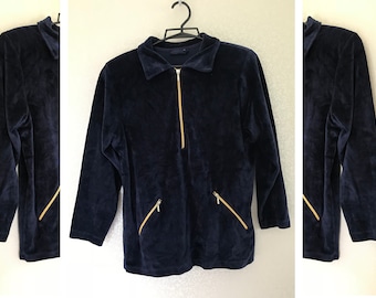 Vintage Velour Pullover: Women's Blue Cotton Blend Hoodie, Size M