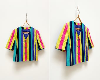 Vintage 90s Yarell Blazer Multi Color Top Striped Blazer Circus Top M Disco Blazer Striped Funky Top Groovy Blazer Colourful Blazer Women&#39;s