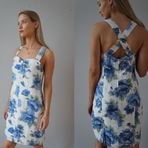 Vestido floral vintage dos anos 90 Vestido feminino de linho vintage Vestido branco azul Vestido floral tamanho M Vestido feminino de linho Vestido colorido Vestido de verão M