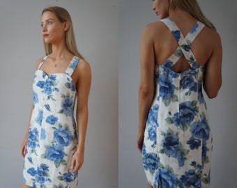 Vintage 90er Jahre Leinen Blumenkleid: Blau & weißes Sommerkleid (Größe M)