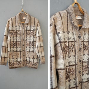 Vintage 90s Beige Cardigan Brown Wool Embroidered Cardigan Womens L Cardigan Womens Knitted Jacket Embroidered Jacket Floral Print Cardigan