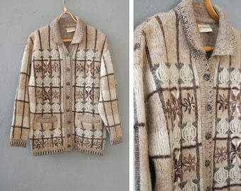 Vintage 90s Embroidered Wool Cardigan - Beige Floral Knit Jacket
