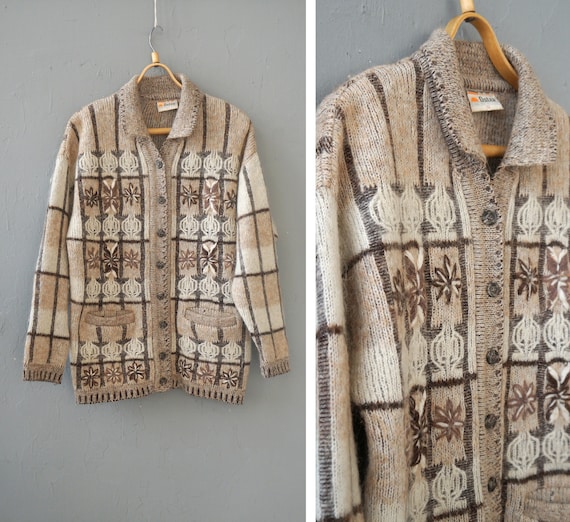 Vintage 90s Beige Cardigan Brown Wool Embroidered Cardigan Womens