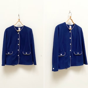 Vintage 90s Blue White Blazer Blue Cotton Blazer Navy Blue Jacket L Womens Elegant Blazer Womens Blue Striped Trim Blazer Made In Finland
