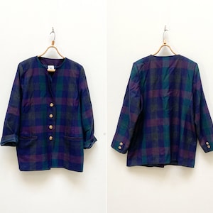 Vintage 80s Wool Tartan Blazer Long Wool Blazer Check Blazer Tartan Wool Jacket Made in Finland Blazer L XL Women Check Blazer Jacket