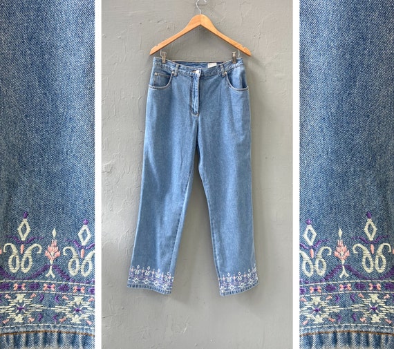 Vintage 90s Denim Pants Womens L Pants Embroidered Trim Jeans