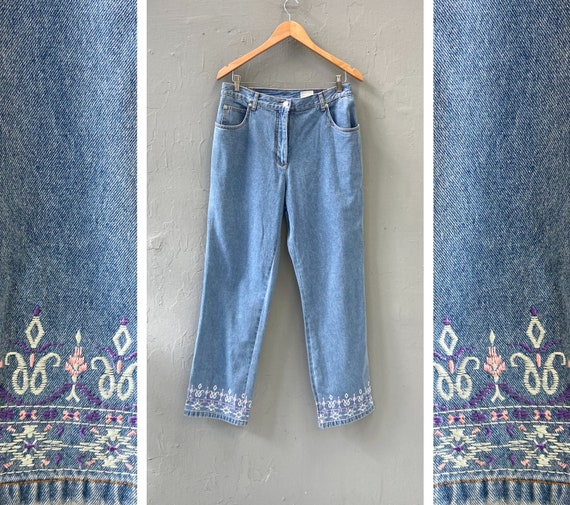 Vintage 90s Denim Pants Womens L Pants Embroidered Trim Vintage 90s Denim Pants Womens L Pants Embroidered Trim