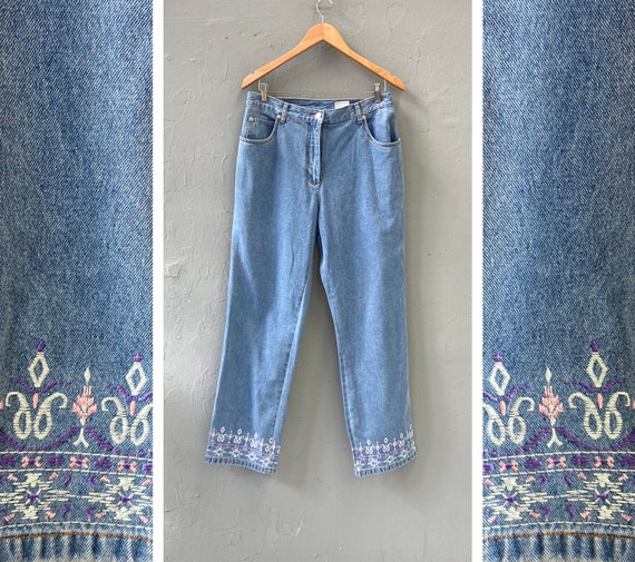 Vintage 90s Denim Pants Womens L Pants Embroidered Trim Jeans Festival Pants  Women Denim Pants Womens Colorful Jeans W32 Floral Trim Jeans 