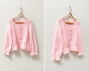 Vintage 90s Pink Cardigan Womens Pink Knit Cardigan L Baby Pink Cardigan Womens Pink Romantic Jacket L Pink Sweater Peplum Pink Cardigan L