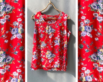 Vintage 90s Red Floral Tank Top: Lightweight Sleeveless Blouse (M-L)