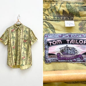 Vintage 90s Yellow Shirt Men L Summer Button Down Shirt Yellow Hawaii Shirt Men Holiday Short Sleeve Shirt Patterned Shirt Tom Tailor Shirt