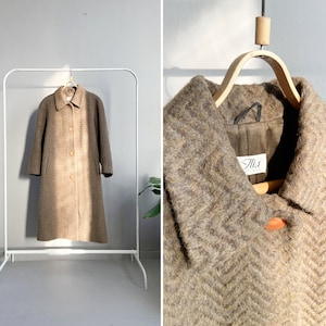 Vintage 90s Brown Wool Coat Women Oversize Coat M Mohair Wool Coat Winter Brown Khaki Coat M Striped Winter Coat Long Winter Coat Medium