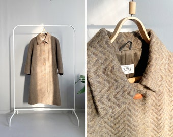 Vintage 90s Brown Wool Coat Women Oversize Coat M Mohair Wool Coat Winter Brown Khaki Coat M Striped Winter Coat Long Winter Coat Medium