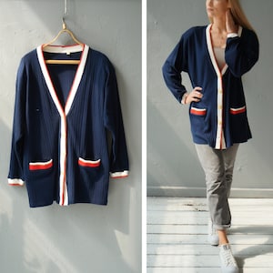 Vintage 90s Blue Cardigan Womens Striped Cardigan L XL Sailor Cardigan Long Jacket L Oversize Cardigan Dark Blue Jacket Oversized Sweater L