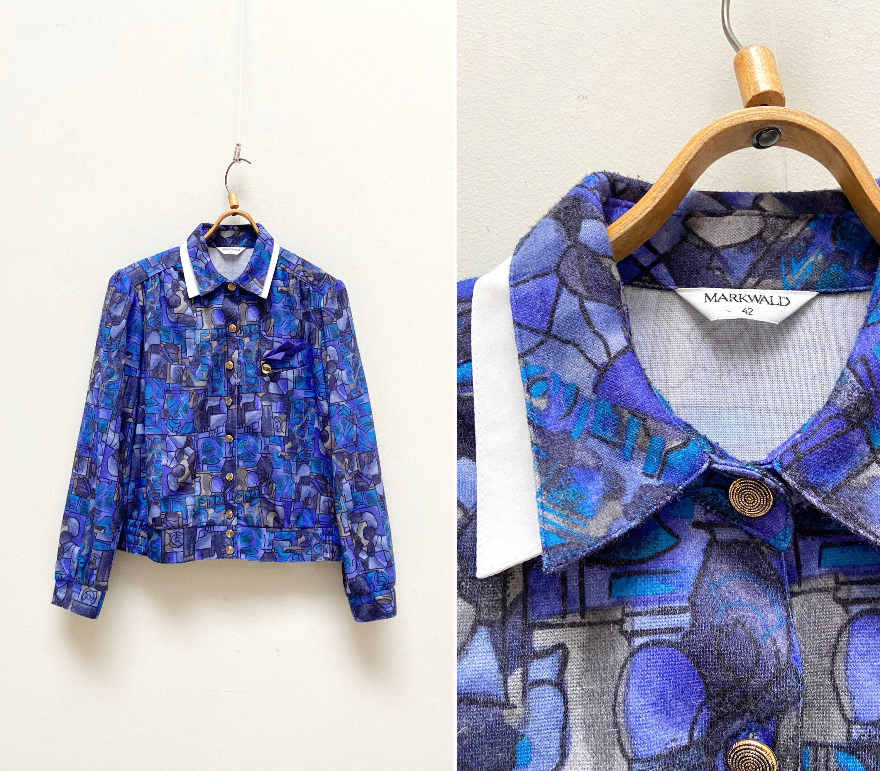 Vintage 90s Markwald Angora Blend Blouse: Blue Patterned Jacket 