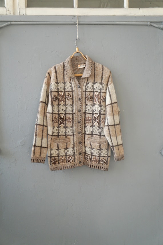 Vintage 90s Beige Cardigan Brown Wool Embroidered Cardigan Womens