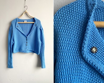 Vintage 90s Blue Dirndl Cardigan Blue Wool Cardigan Trachten Wool Cardigan Loden Wool Cardigan Austrian Wool Cardigan Blue Knitted Jacket