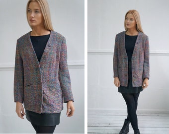 Vintage 90s Blazer Womens S M Abstract Colorful Blazer V Neck Blazer Oversize Rainbow Blazer Jacket Deep Neck Blazer Colorful Womens Jacket