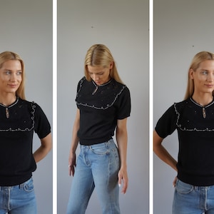 Vintage 90s Black Womens Sweater Silver Detail Womens Top Shortsleeve Womens Sweater Black Womens Blouse Pearled Jumper Womens Sweater L