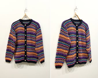 Vintage 90s Striped Knit Cardigan: Colorful Womens Jacket (M-L)